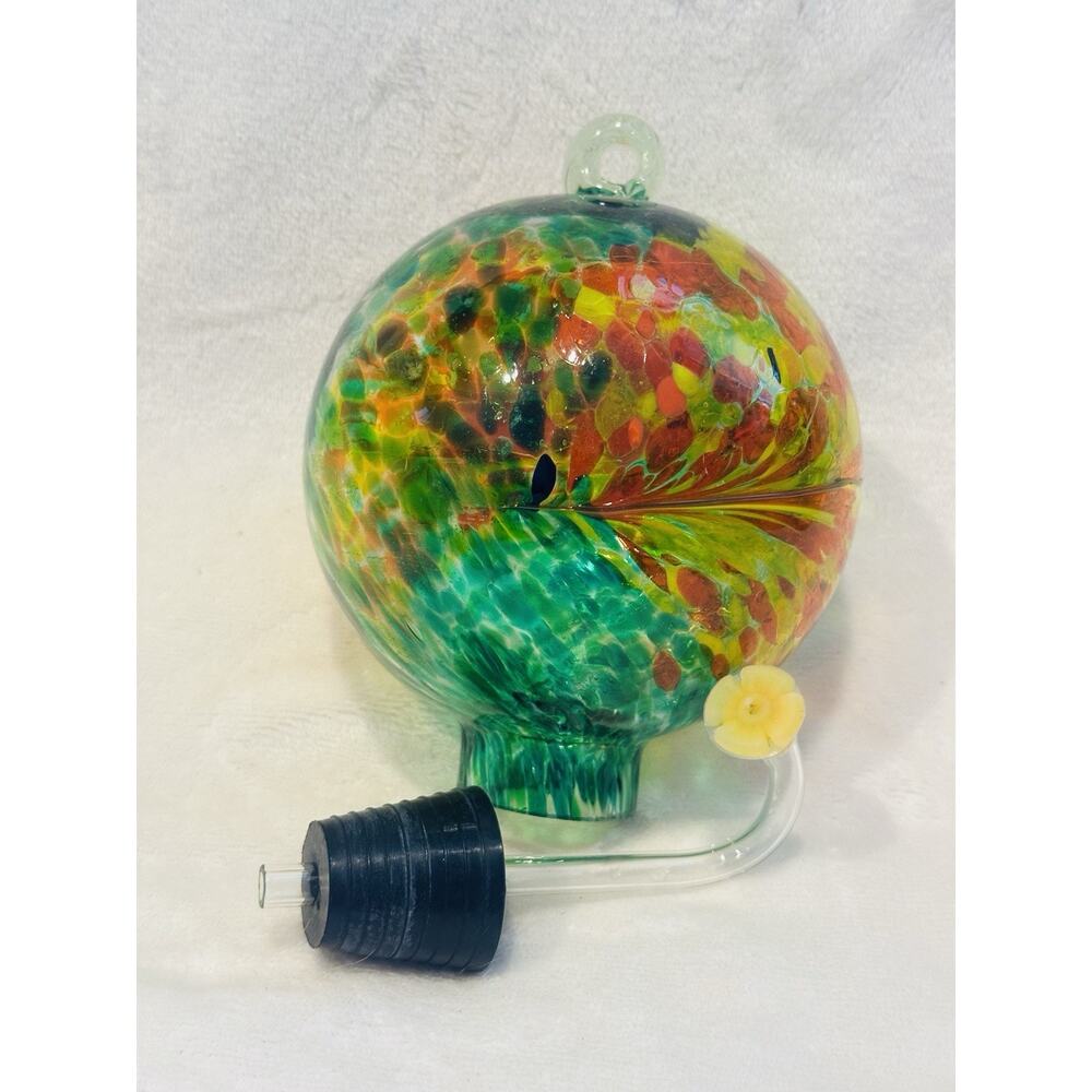 Hand Blown Glass Globe Hummingbird Feeder Red Blue Yellow Garden Birds Retro